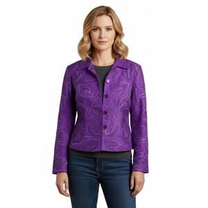 Purple Silk Embroidered Abstract Pattern Button Front Jacket sz Med